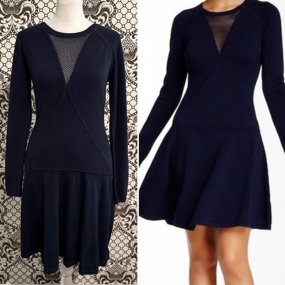 TRINA TURK ✨ sweater dress long sleeve navy blue crochet neck swing skirt | Sz S